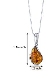 Baltic Amber Tear Drop Pendant Necklace Sterling Silver Cognac