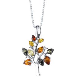 Baltic Amber Tree of Life Pendant Necklace Sterling Silver Multiple Colors - Silver