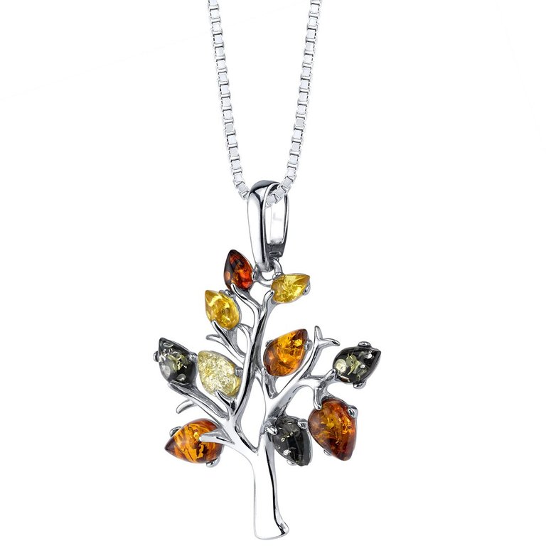 Baltic Amber Tree of Life Pendant Necklace Sterling Silver Multiple Colors - Silver