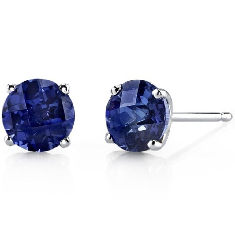 Blue Sapphire Round Stud Earrings 14 Karat White Gold 2.25 Carats - Blue