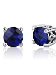 Blue Sapphire Stud Earrings Sterling Silver Round Shape - Blue