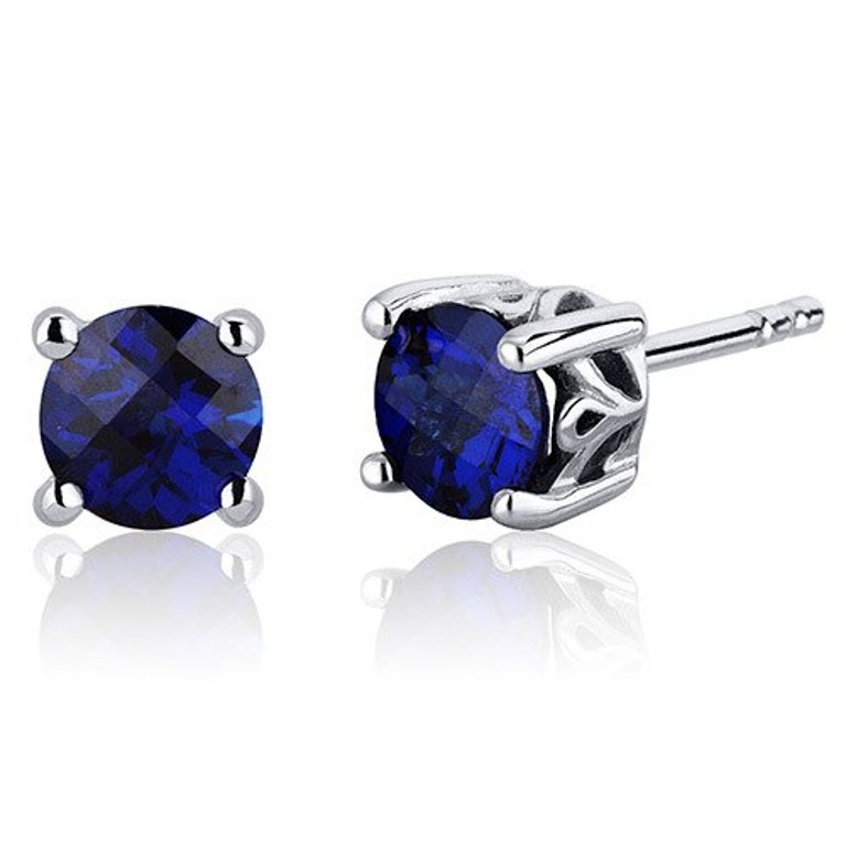Blue Sapphire Stud Earrings Sterling Silver Round Shape - Blue