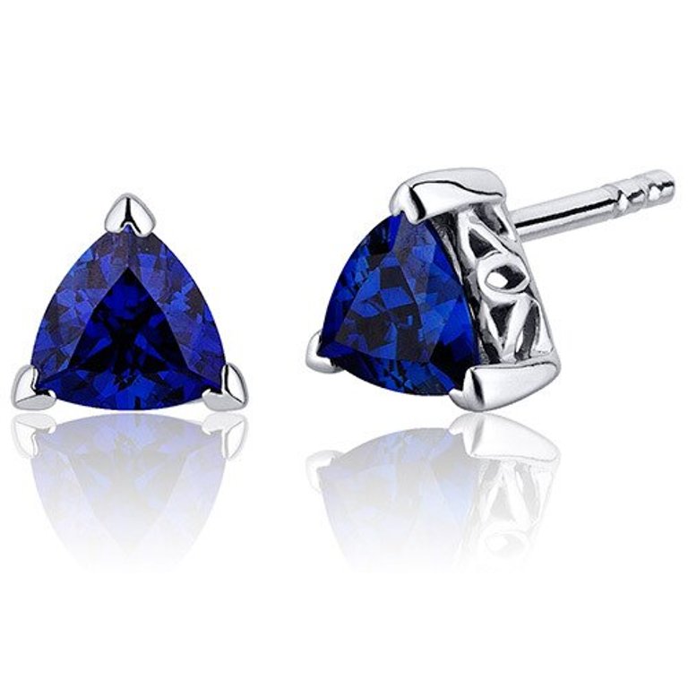Blue Sapphire Stud Earrings Sterling Silver Trillion Shape 2 Ct - Blue