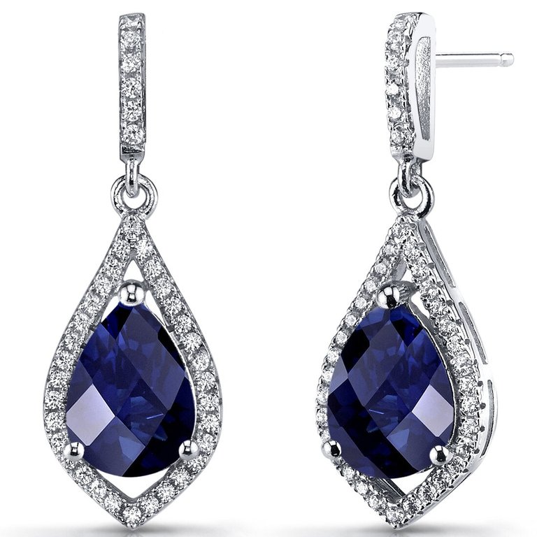 Created Blue Sapphire Tear Drop Dangle Earrings Sterling Silver - Sterling silver