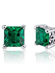 Emerald Earrings Sterling Silver Princess Cut 2 Carats - Green