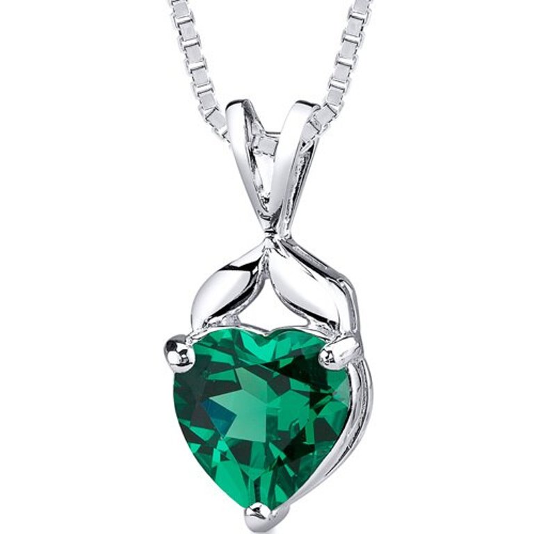 Emerald Pendant Necklace Sterling Silver Heart Shape 3 Carats - Green