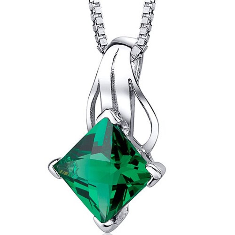 Emerald Pendant Necklace Sterling Silver Princess Cut 2 Carats - Green