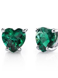 Emerald Stud Earrings 14 Karat White Gold Heart Shape - Green