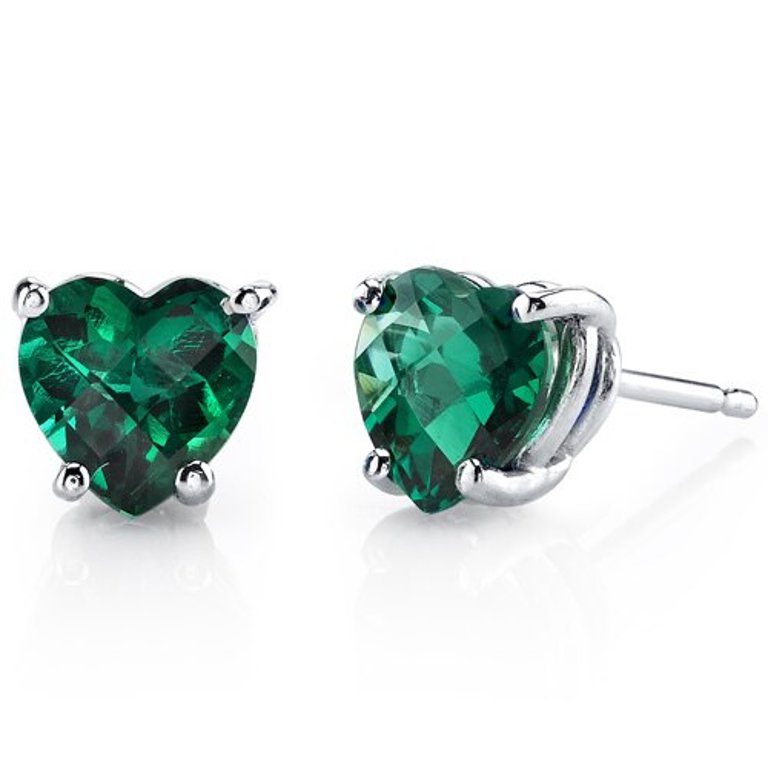 Emerald Stud Earrings 14 Karat White Gold Heart Shape - Green