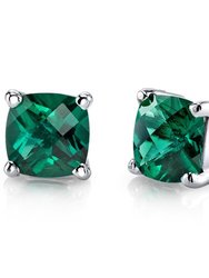 Emerald Stud Earrings 14 Kt White Gold Cushion Cut 1.75 Carats - Green