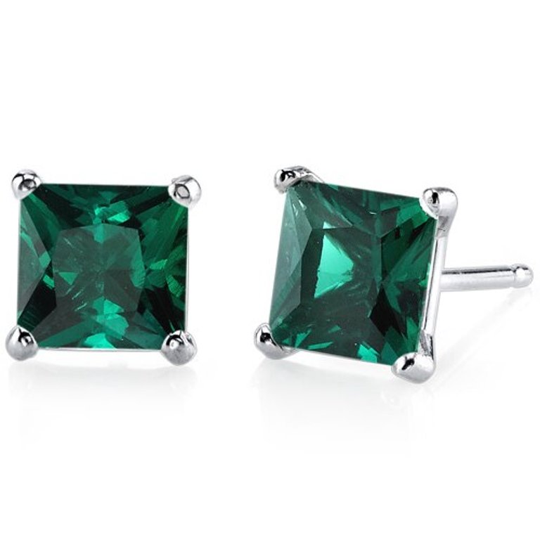 Emerald Stud Earrings 14 Kt White Gold Princess Cut 2 Carats - Green