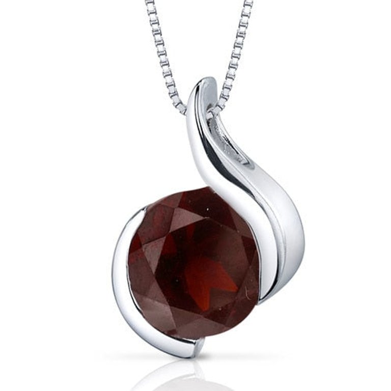 Garnet Pendant Necklace Sterling Silver Round Shape 2.5 Carats - Red