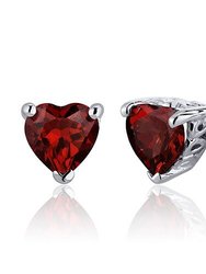 Garnet Stud Earrings Sterling Silver Heart Shape 2 Carats - Red
