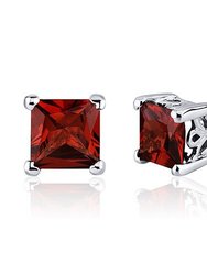 Garnet Stud Earrings Sterling Silver Princess Cut 2.5 Carats - Red