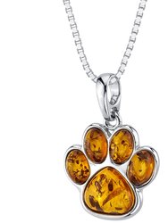Genuine Baltic Amber Paw Print Charm Pendant Necklace in Sterling Silver - Orange