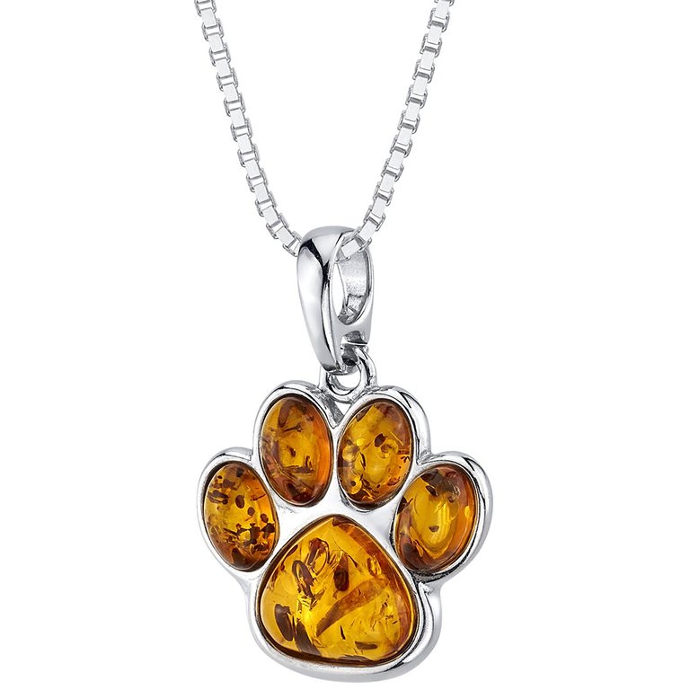 Genuine Baltic Amber Paw Print Charm Pendant Necklace in Sterling Silver - Orange