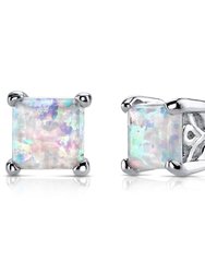 Opal Stud Earrings Sterling Silver Princess Cut 2.00 Cts - White