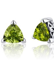 Peridot Stud Earrings Sterling Silver Trillion Shape 1.5 Carats - Green