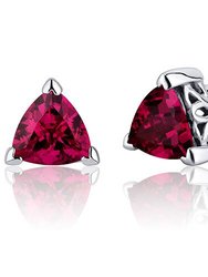 Ruby Stud Earrings Sterling Silver Trillion Shape 2 Carats - Red