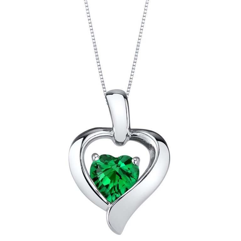 Simulated Emerald Sterling Silver Heart in Heart Pendant Necklace - Emerald