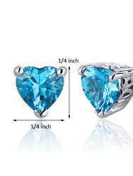 Swiss Blue Topaz Stud Earrings Sterling Silver Heart Shape 2 Ct