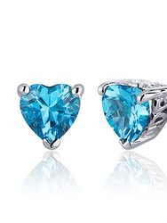Swiss Blue Topaz Stud Earrings Sterling Silver Heart Shape 2 Ct - Blue