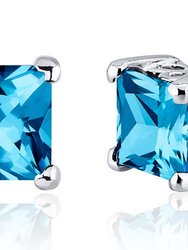 Swiss Blue Topaz Stud Earrings Sterling Silver Princess Cut