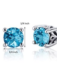 Swiss Blue Topaz Stud Earrings Sterling Silver Round Shape 2 Ct