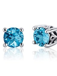 Swiss Blue Topaz Stud Earrings Sterling Silver Round Shape 2 Ct - Blue Topaz