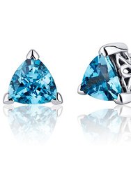 Swiss Blue Topaz Stud Earrings Sterling Silver Trillion Cut - Blue