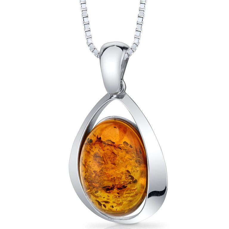 Amber Large Pendant Necklace Sterling Silver Cognac Oval - Sterling silver