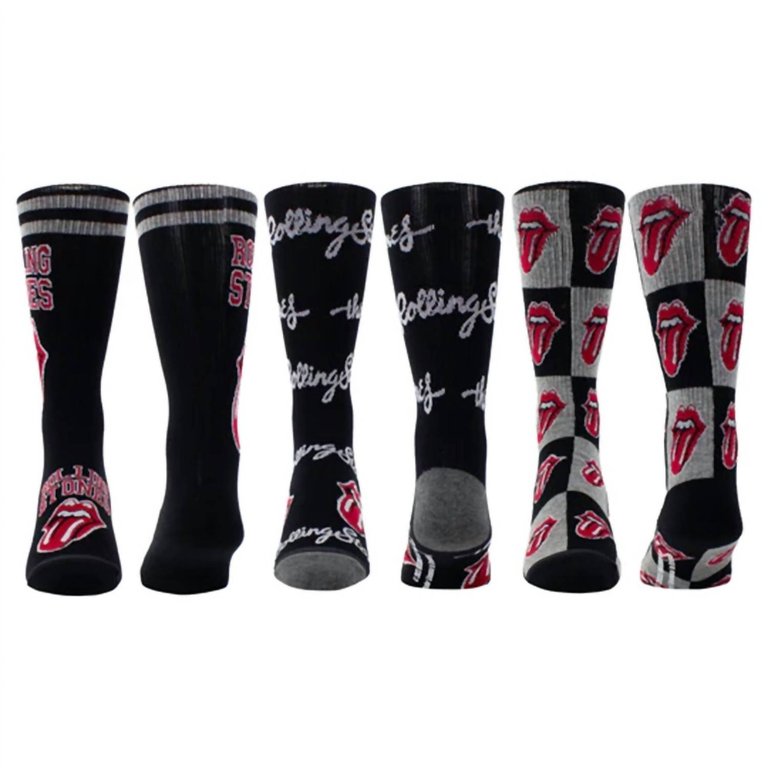 Men's 3 Pair The Rolling Stones Collegiate Assorted Crew Socks In Black/black/grey - Black/Black/Grey