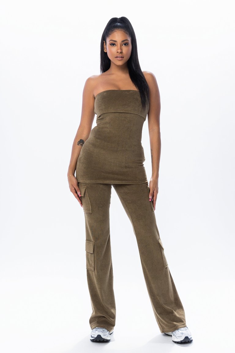 Terry Tube Top Cargo Pant Set - Olive