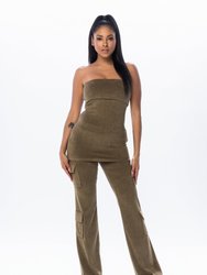 Terry Tube Top Cargo Pant Set - Olive