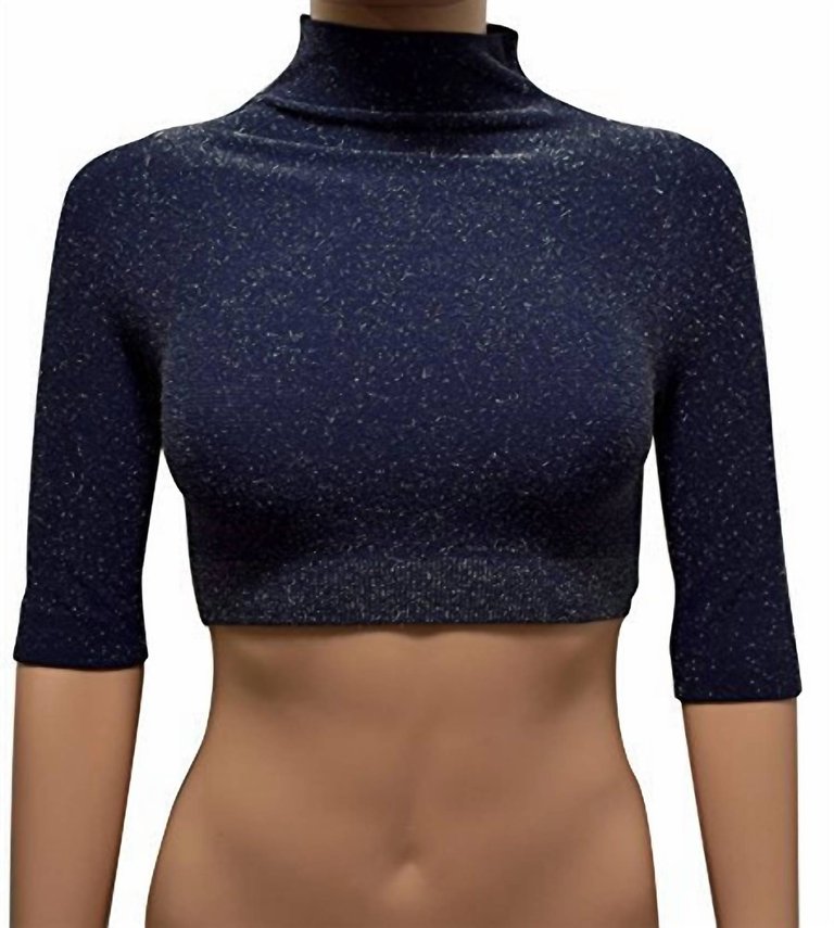 Women Mock Neck Glitter Crop Top In Navy - Navy