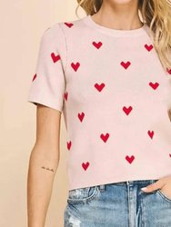 Heart Short Sleeve Sweater Top - Pink/Red