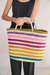 Rainbow Handwoven Color Strips Raffia Tote - Rainbow