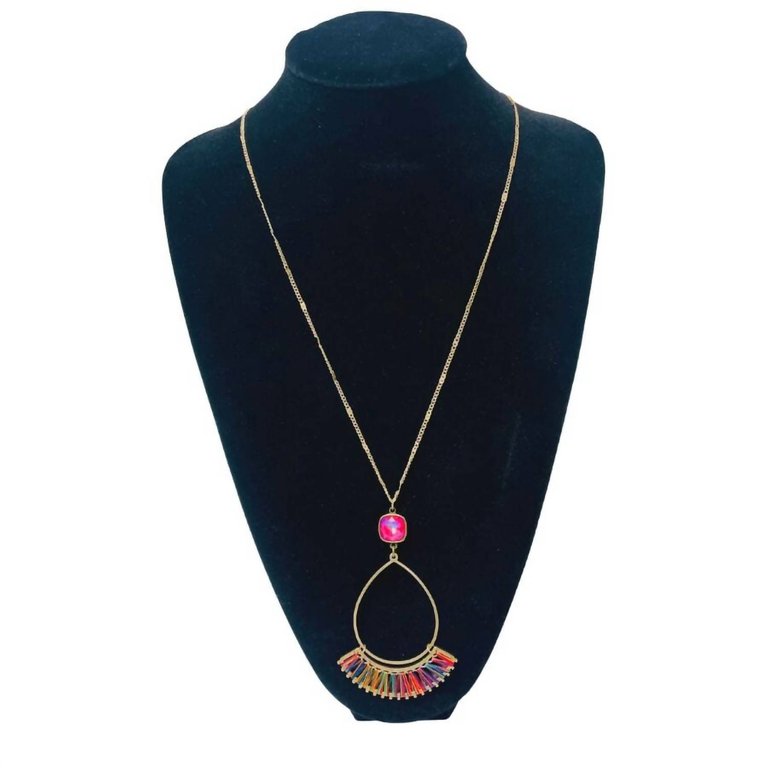 10Mm Cushion Cut Post With Multi Fan Teardrop Necklace In Fuchsia - Fuchsia