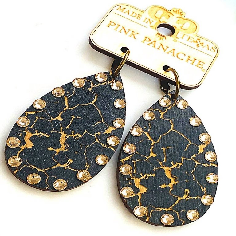 Crackle Wood Teardrop Earrings - Black