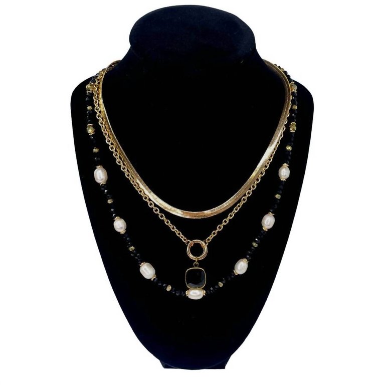 Women's 3 Layered Necklace In Black/pearl - Black/Pearl