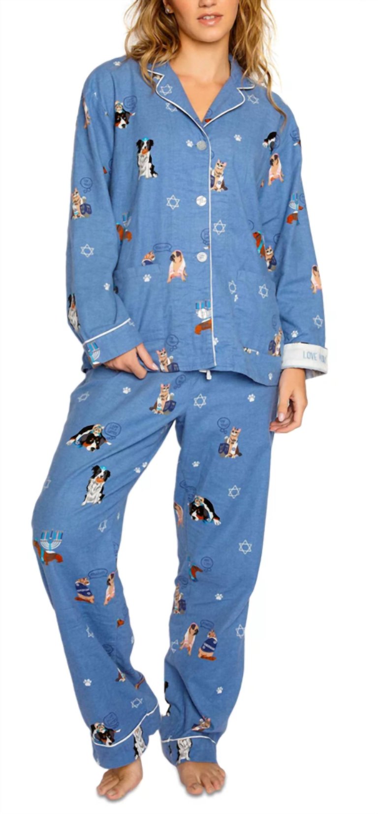 Love You A Latke Hanukkah Print 100% Cotton Flannel Pj Set - Denim