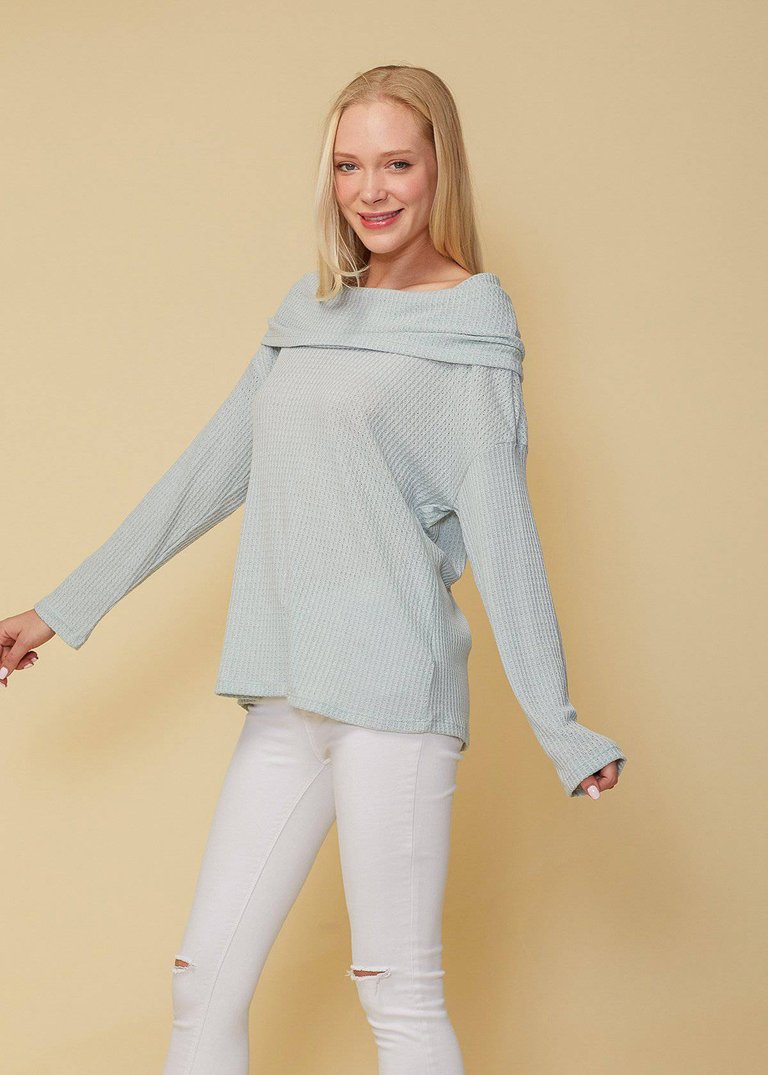 Draped Cowl Neck Drop Shoulder Top In Dusty Blue