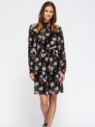 Floral Smocked Mock Neck Dress - Black