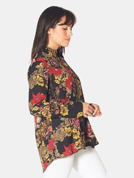 Long-Sleeve Gathered-Back Blouse In Black Burgundy Floral