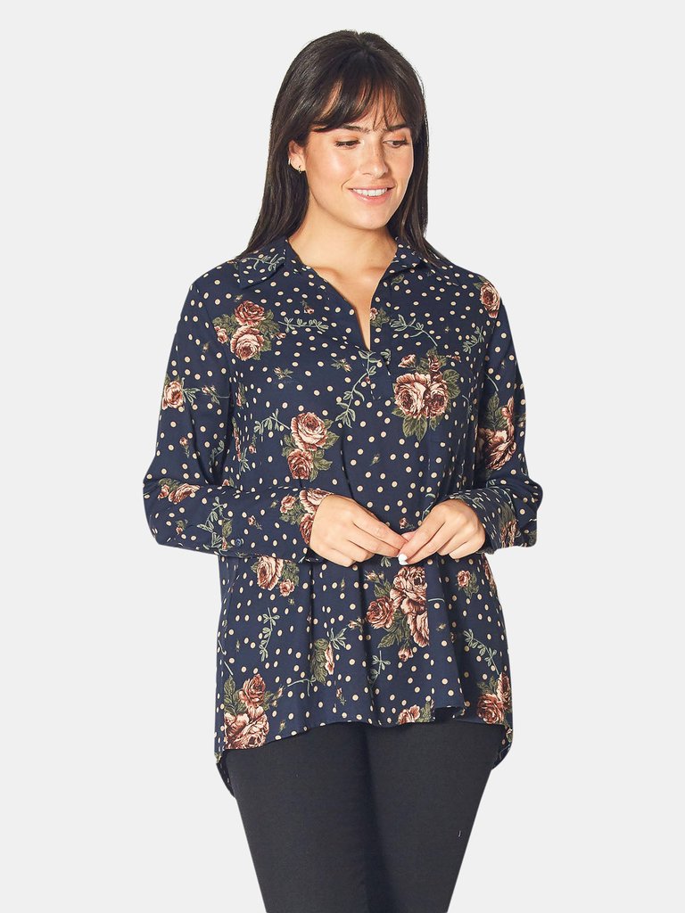 Long-Sleeve Gathered-Back Blouse In Navy Mocha Rose - Navy