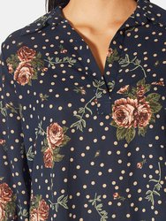 Long-Sleeve Gathered-Back Blouse In Navy Mocha Rose