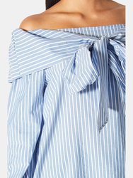Off Shoulder Bow Top in Blue White Stripe