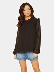 Pleione LS Ruffle Blouse Top - Black