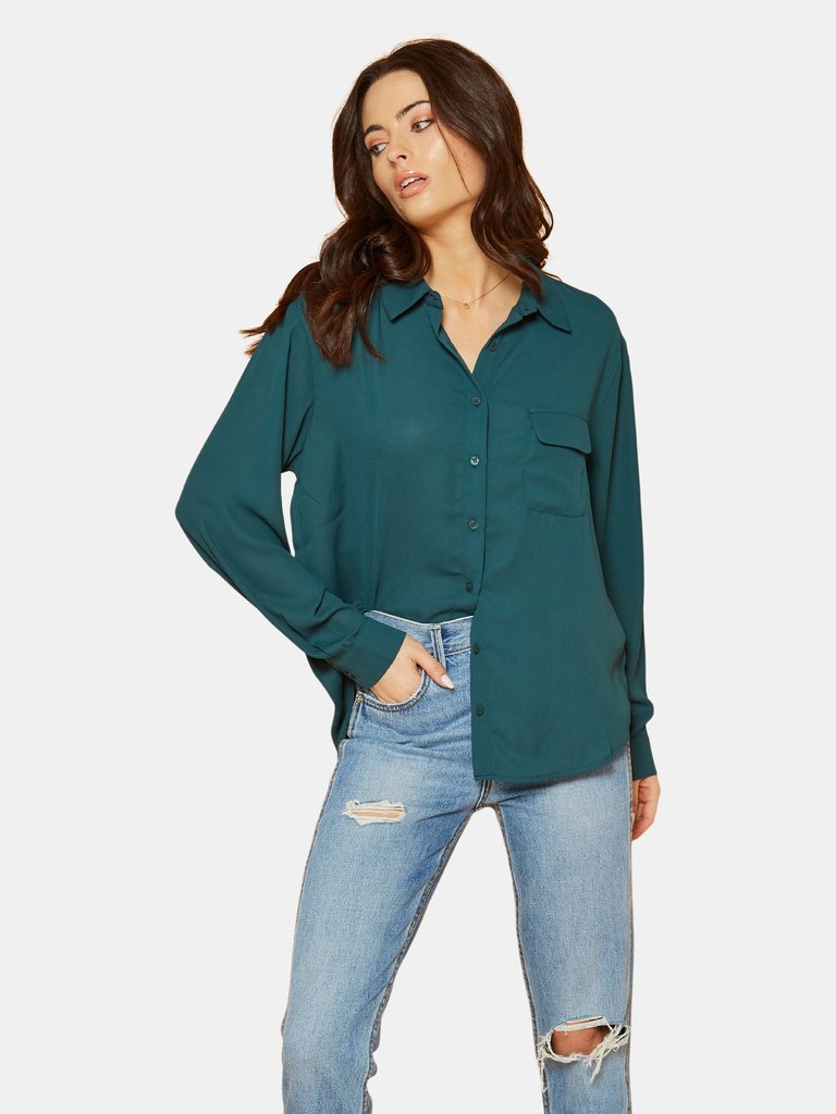 Pleione Solid Low Back Button Shirt - Green