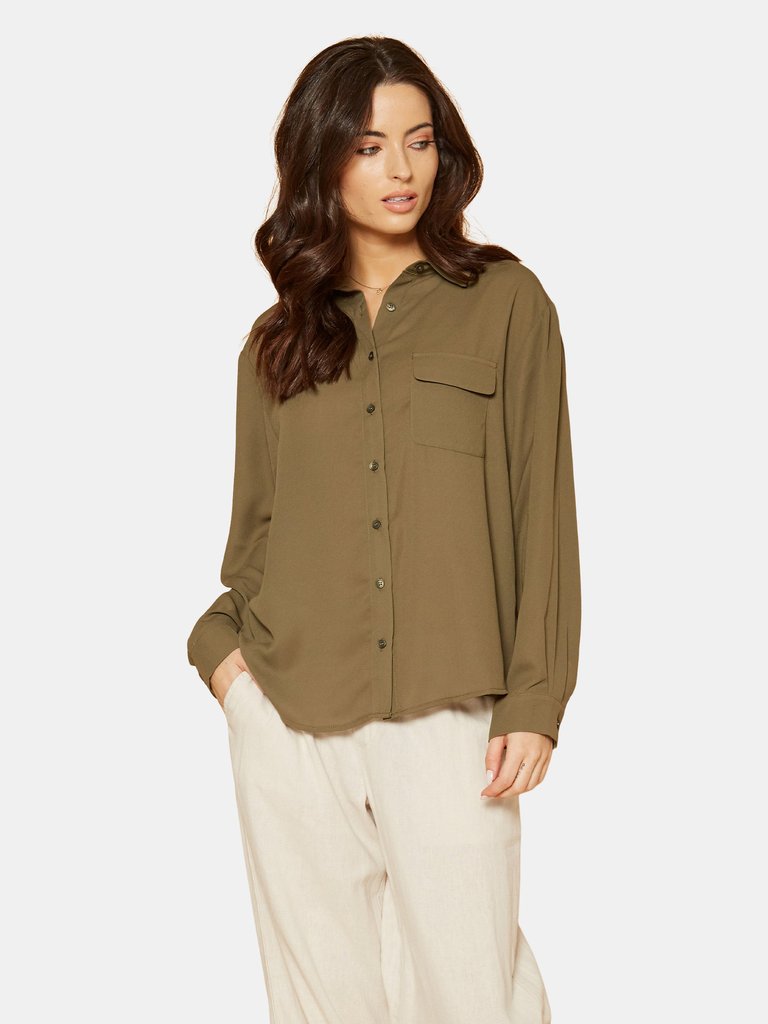 Pleione Solid Low Back Button Shirt - Olive